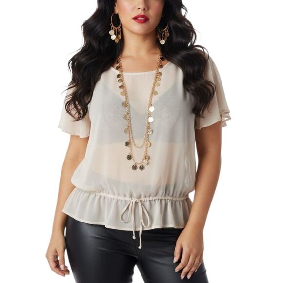 GUESS Sheer Beige Flutter Drawstring Blouse V-Neck XS - Glam Chic Y2K Whimsigoth - Picture 1 of 13